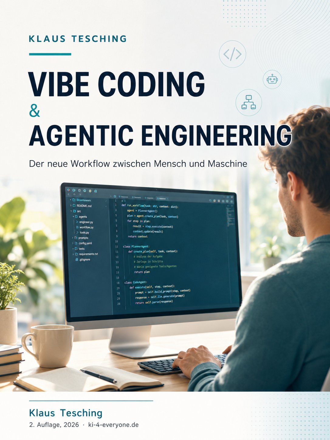 Buchcover: Vibe Coding & Agentic Engineering – Der neue Workflow zwischen Mensch und Maschine, Klaus Tesching, 2. Auflage 2026
